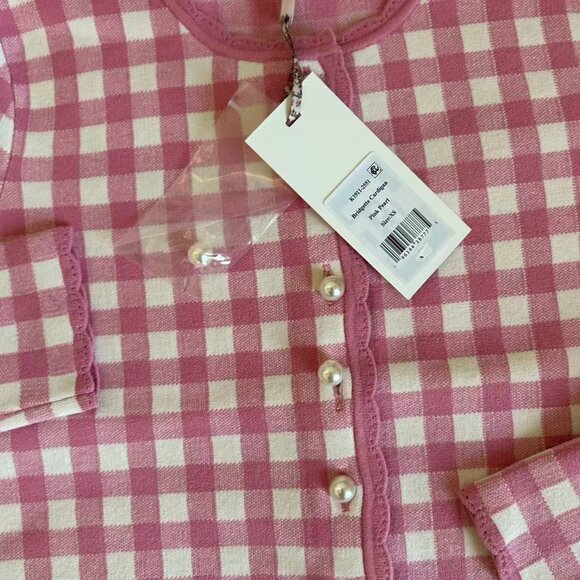 NWT LoveShackFancy Bridgette Checkered Knit Cardigan XSmall Pink Pearl Plaid - Picture 6 of 11